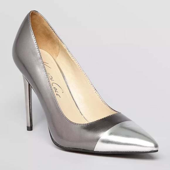 Kenneth Cole Cap Toe Leather Toe Pumps - Bon-ita Chrome Silver High Heel 8.5 - Picture 1 of 7